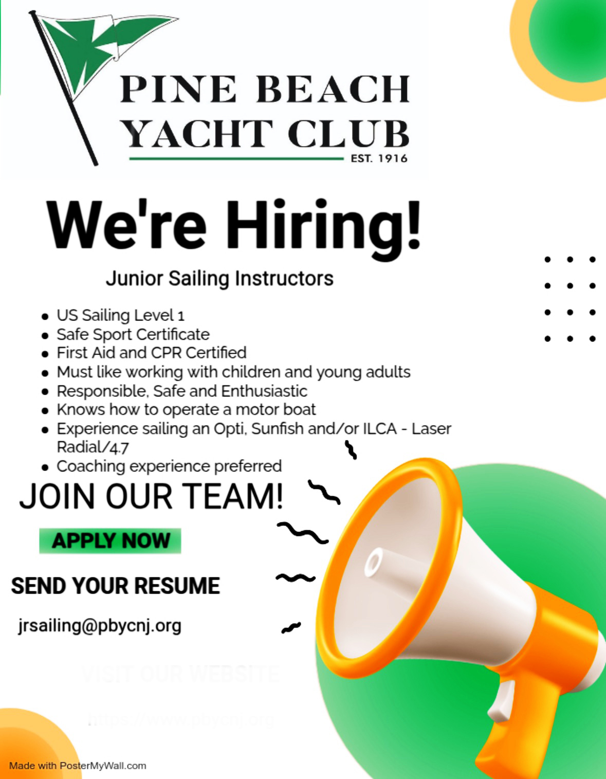 Flyer with megaphone for Junior Sailing Instructor Job Hire